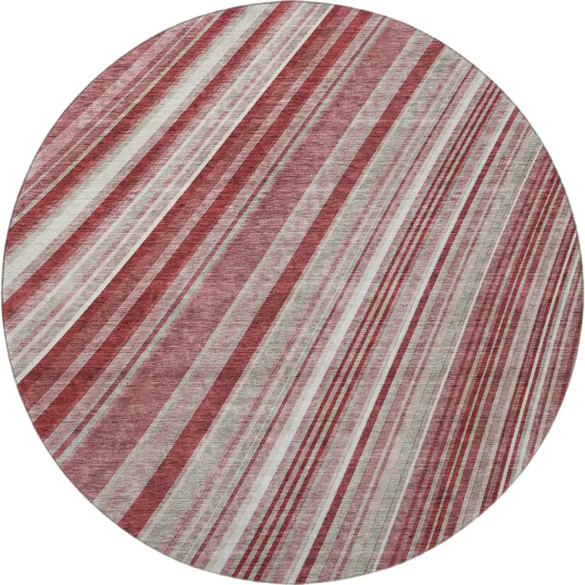 8' Burgundy Gray And Ivory Striped Washable Round Rug With UV Protection Photo 3