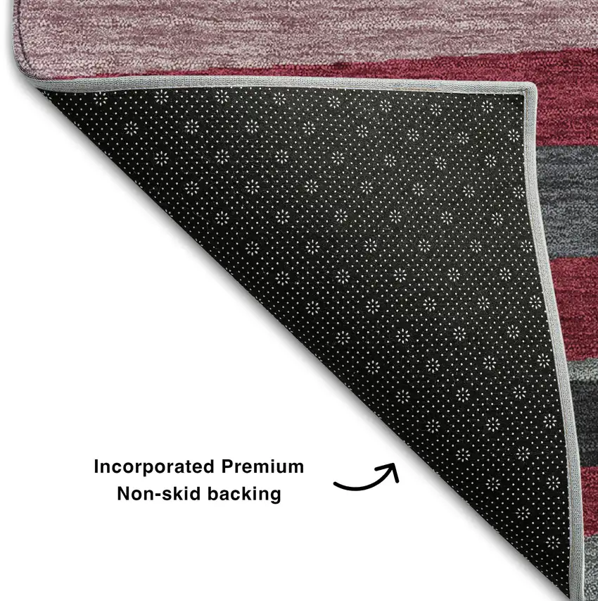 8' Burgundy Gray And Ivory Striped Washable Round Rug With UV Protection Photo 5