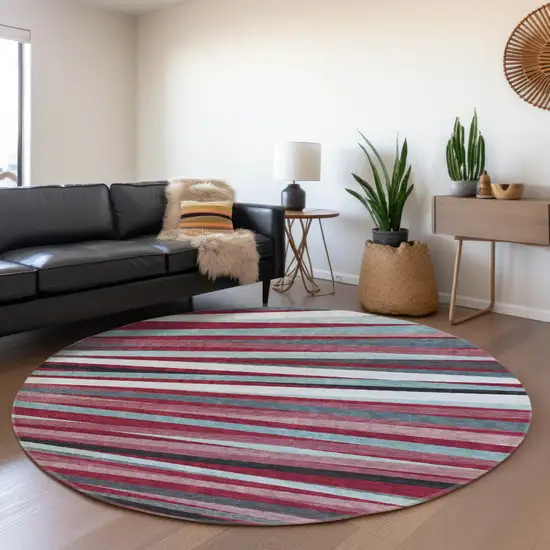 8' Burgundy Gray And Ivory Striped Washable Round Rug With UV Protection Photo 4
