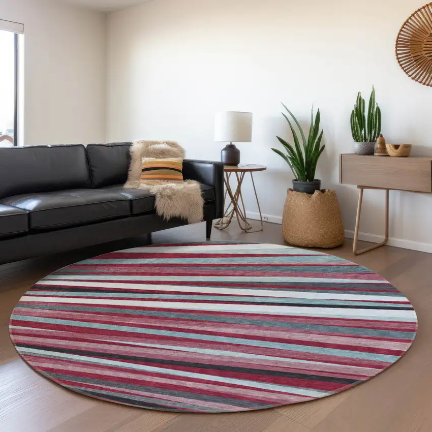8' Burgundy Gray And Ivory Striped Washable Round Rug With UV Protection Photo 4