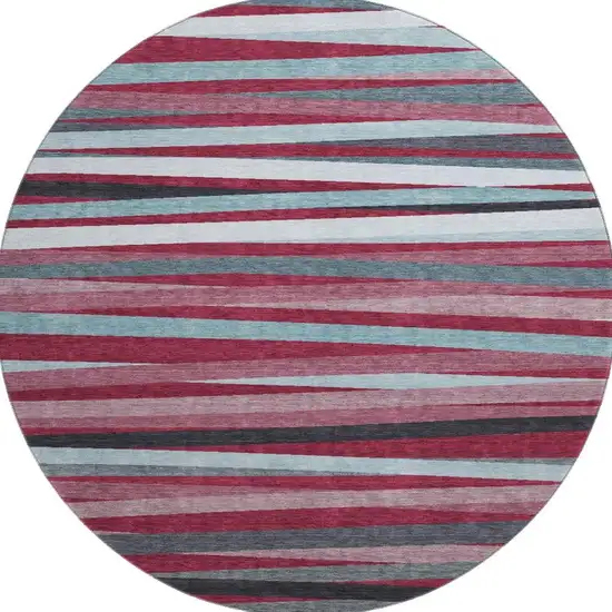 8' Burgundy Gray And Ivory Striped Washable Round Rug With UV Protection Photo 2