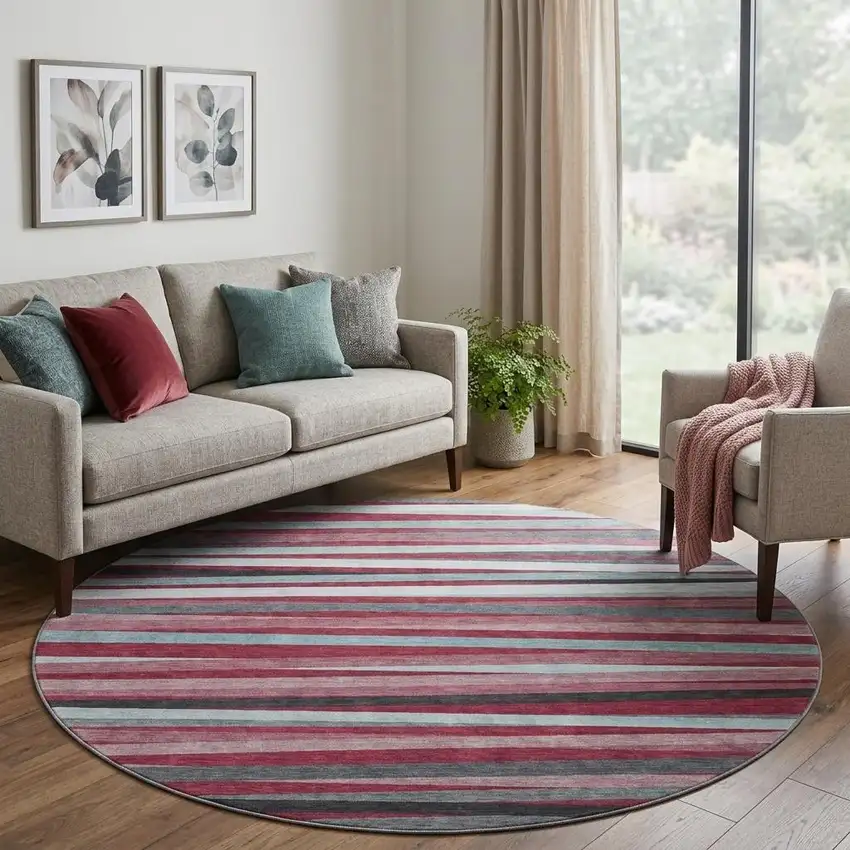 8' Burgundy Gray And Ivory Striped Washable Round Rug With UV Protection Photo 1