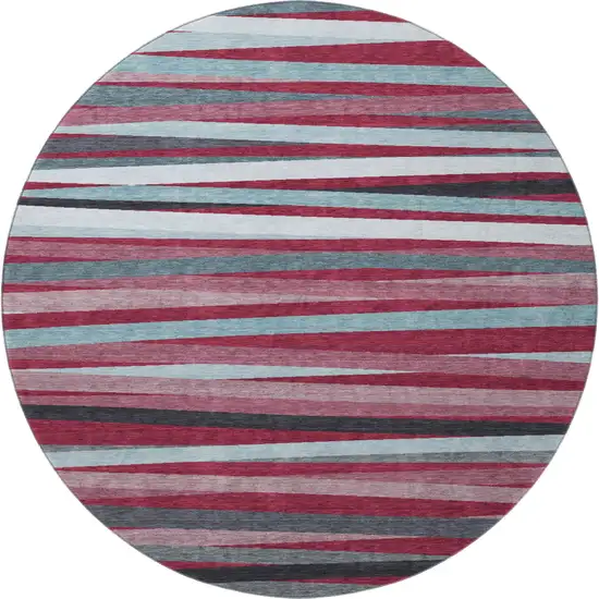8' Burgundy Gray And Ivory Striped Washable Round Rug With UV Protection Photo 3
