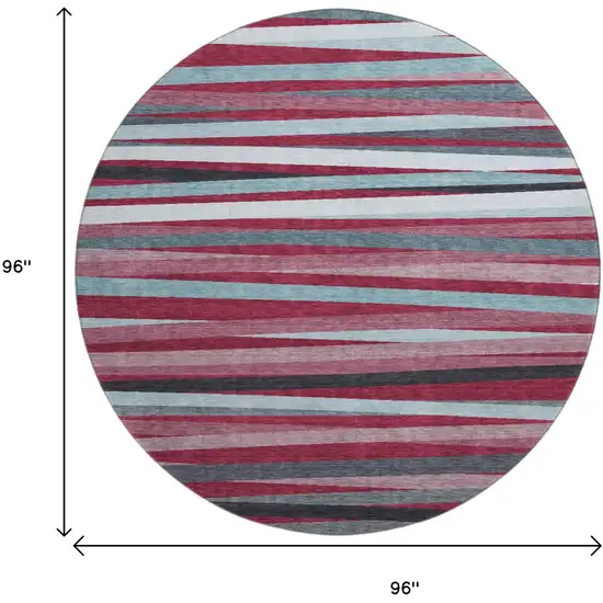 8' Burgundy Gray And Ivory Striped Washable Round Rug With UV Protection Photo 9