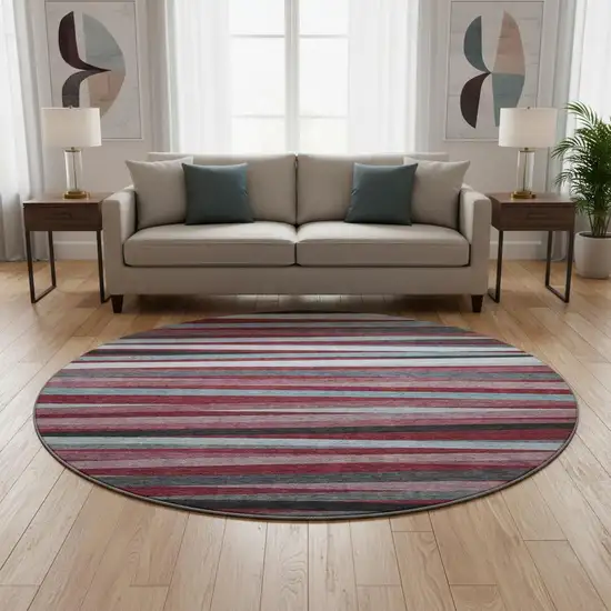 8' Burgundy Gray And Ivory Striped Washable Round Rug With UV Protection Photo 2