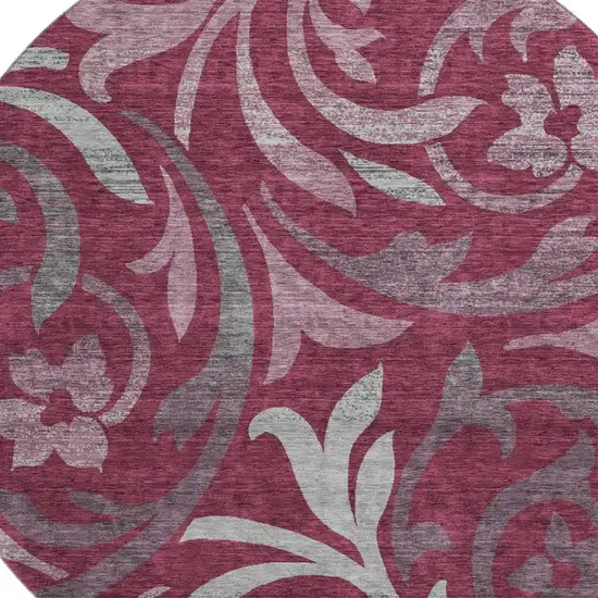 8' Burgundy Gray And Silver Floral Washable Round Rug With UV Protection Photo 3