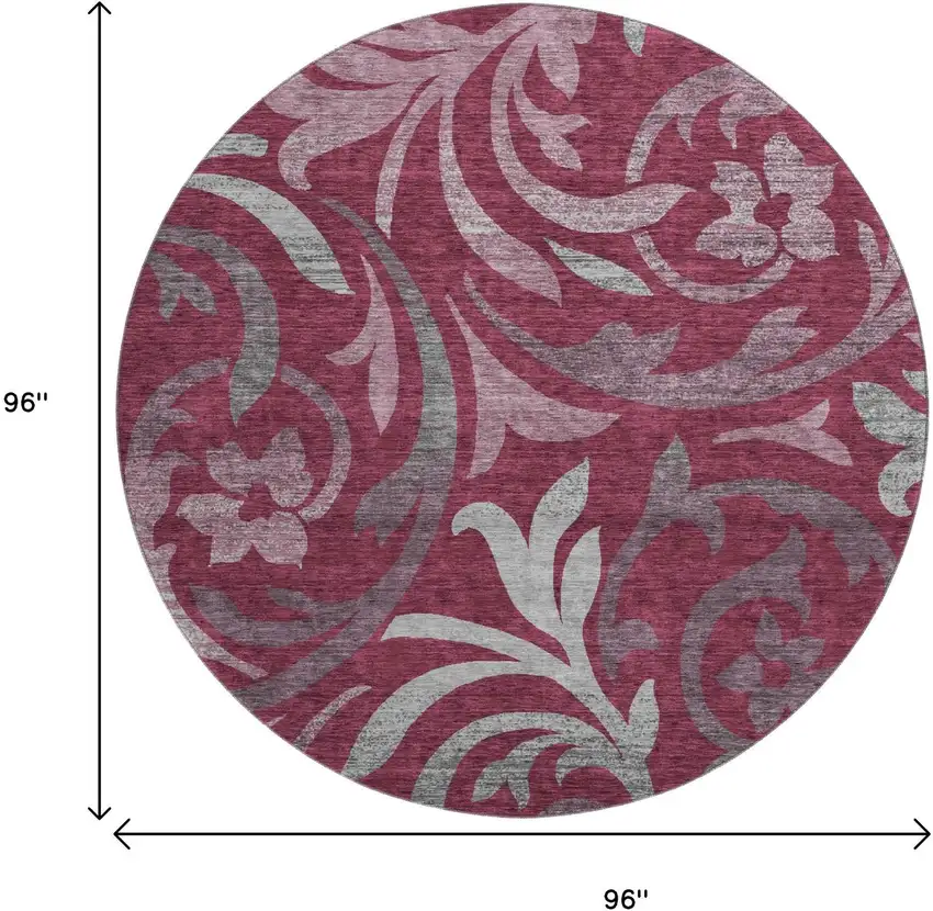 8' Burgundy Gray And Silver Floral Washable Round Rug With UV Protection Photo 3