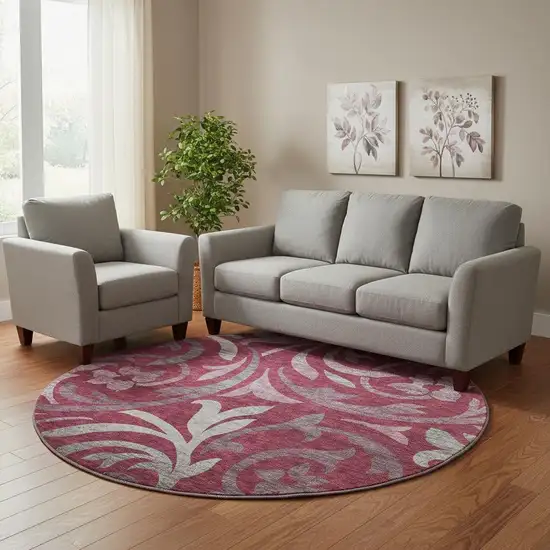 8' Burgundy Gray And Silver Floral Washable Round Rug With UV Protection Photo 1