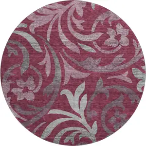 Photo of 8' Burgundy Gray And Silver Floral Washable Round Rug With UV Protection