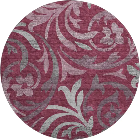 8' Burgundy Gray And Silver Floral Washable Round Rug With UV Protection Photo 1