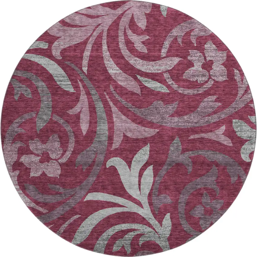 8' Burgundy Gray And Silver Floral Washable Round Rug With UV Protection Photo 1