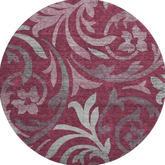 8' Burgundy Gray And Silver Floral Washable Round Rug With UV Protection Photo 4