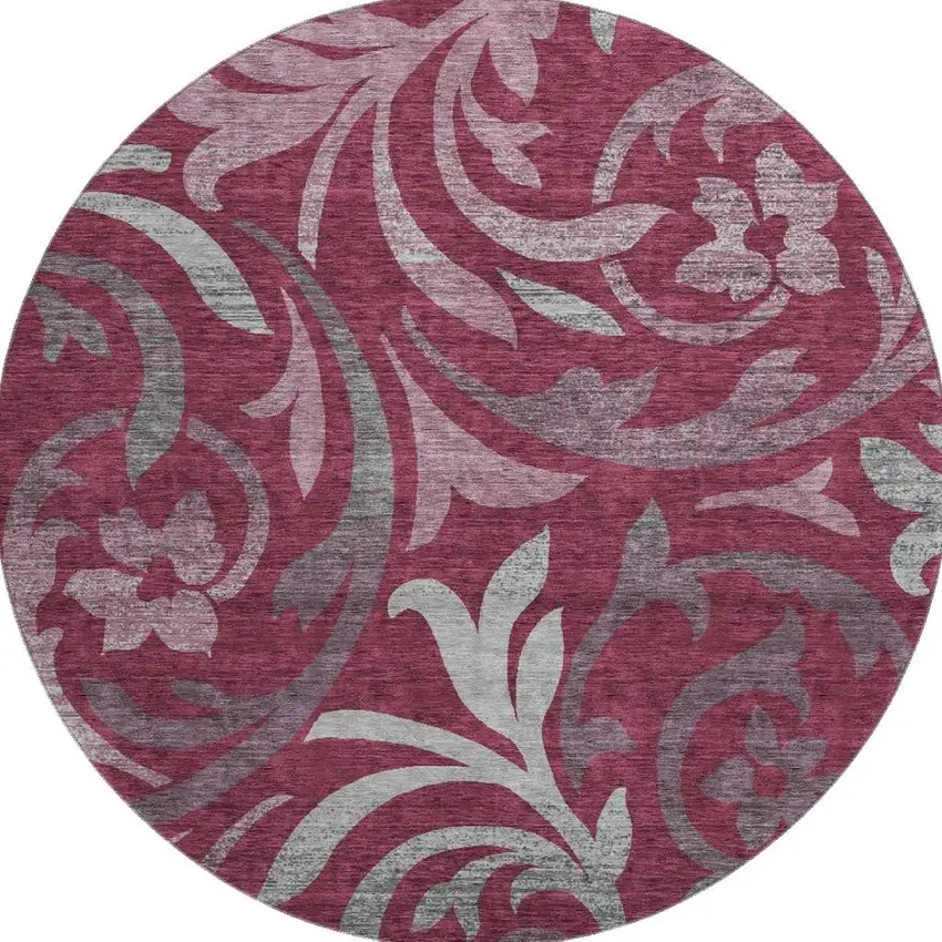 8' Burgundy Gray And Silver Floral Washable Round Rug With UV Protection Photo 4
