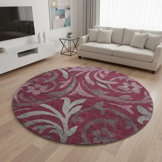 8' Burgundy Gray And Silver Floral Washable Round Rug With UV Protection Photo 2