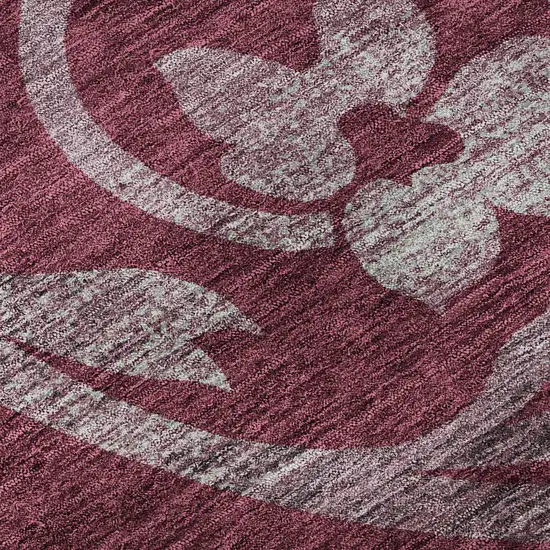 8' Burgundy Gray And Silver Floral Washable Round Rug With UV Protection Photo 9