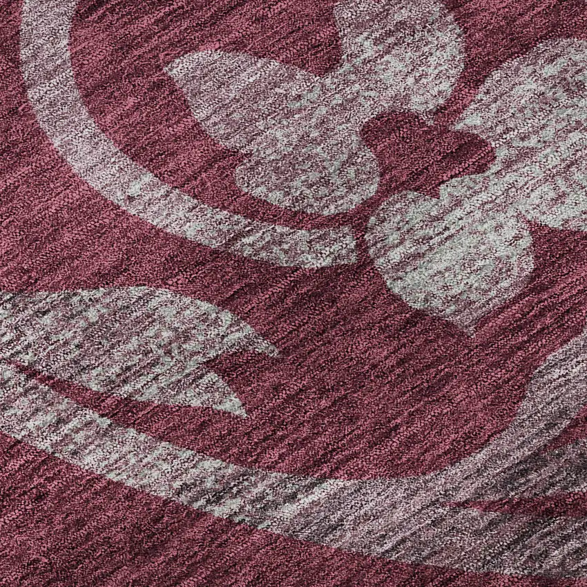 8' Burgundy Gray And Silver Floral Washable Round Rug With UV Protection Photo 9