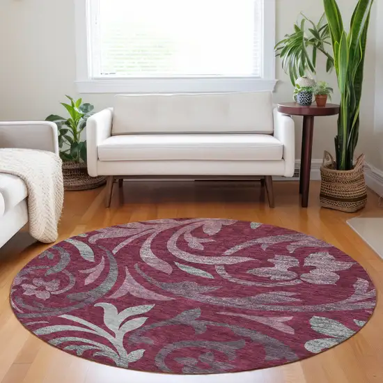 8' Burgundy Gray And Silver Floral Washable Round Rug With UV Protection Photo 5