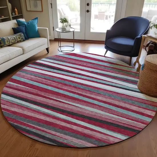 8' Burgundy Ivory And Blue Round Striped Washable Indoor Outdoor Area Rug Photo 7
