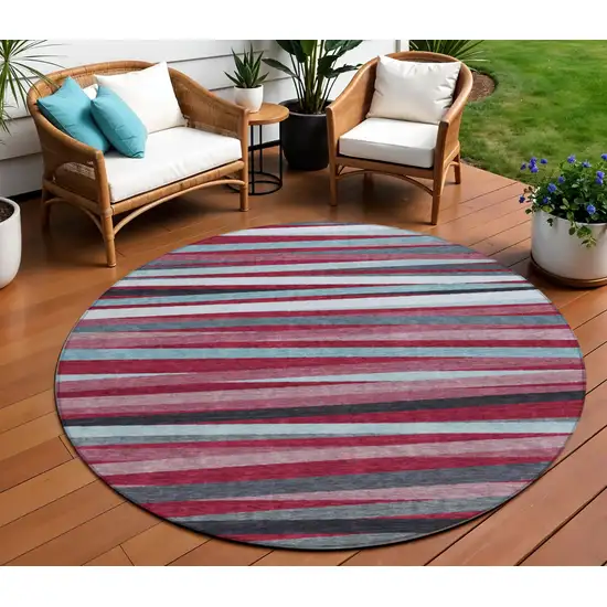 8' Burgundy Ivory And Blue Round Striped Washable Indoor Outdoor Area Rug Photo 1