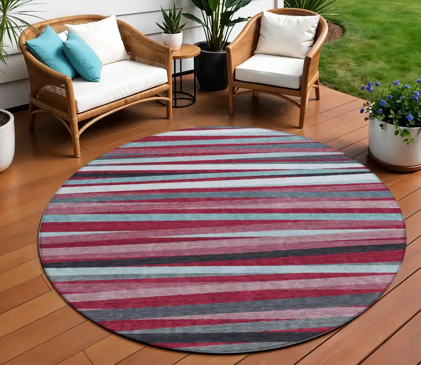 8' Burgundy Ivory And Blue Round Striped Washable Indoor Outdoor Area Rug Photo 1