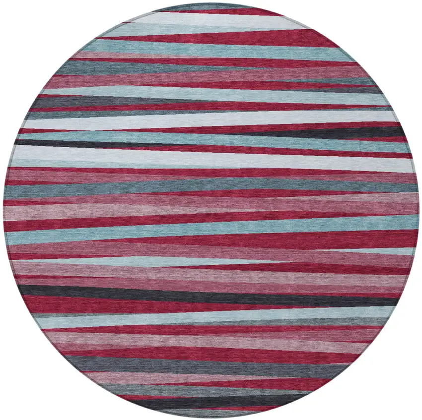 8' Burgundy Ivory And Blue Round Striped Washable Indoor Outdoor Area Rug Photo 5