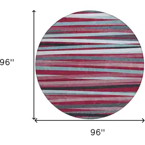 Photo of 8' Burgundy Ivory And Blue Round Striped Washable Indoor Outdoor Area Rug