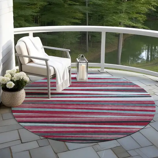 8' Burgundy Ivory And Blue Round Striped Washable Indoor Outdoor Area Rug Photo 6