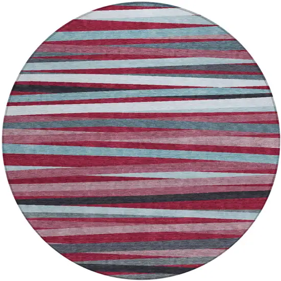 8' Burgundy Ivory And Blue Round Striped Washable Indoor Outdoor Area Rug Photo 2