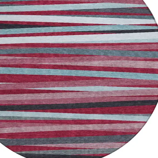 8' Burgundy Ivory And Blue Round Striped Washable Indoor Outdoor Area Rug Photo 4