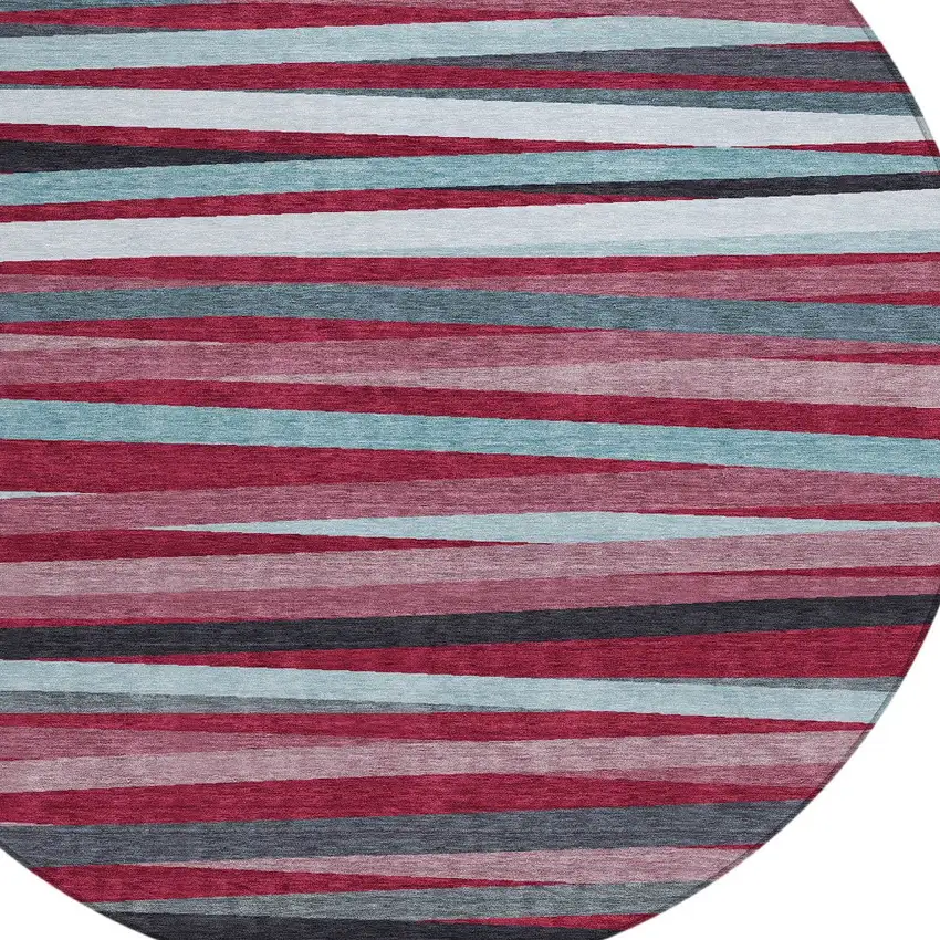 8' Burgundy Ivory And Blue Round Striped Washable Indoor Outdoor Area Rug Photo 4
