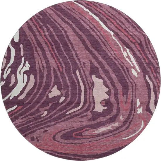 8' Burgundy Ivory And Blush Abstract Washable Round Rug With UV Protection Photo 1