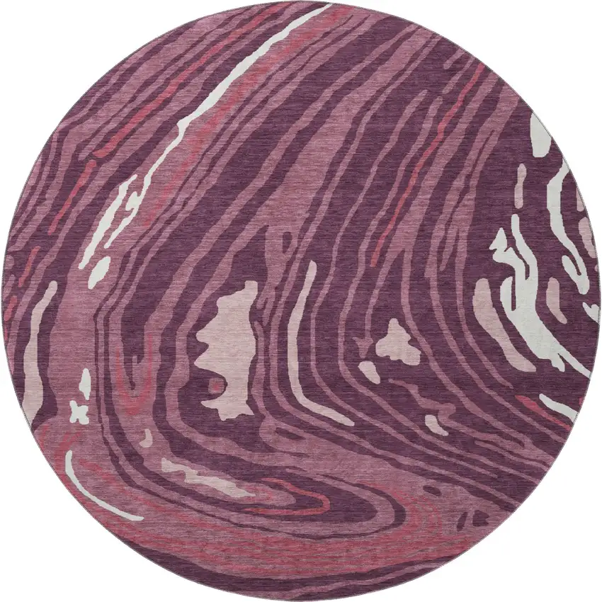 8' Burgundy Ivory And Blush Abstract Washable Round Rug With UV Protection Photo 2