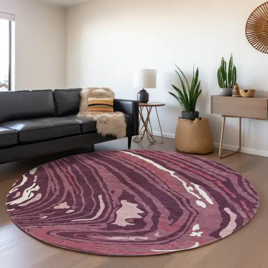 8' Burgundy Ivory And Blush Abstract Washable Round Rug With UV Protection Photo 4