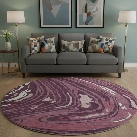 8' Burgundy Ivory And Blush Abstract Washable Round Rug With UV Protection Photo 2