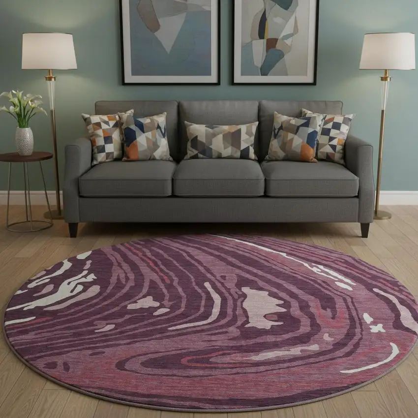 8' Burgundy Ivory And Blush Abstract Washable Round Rug With UV Protection Photo 2