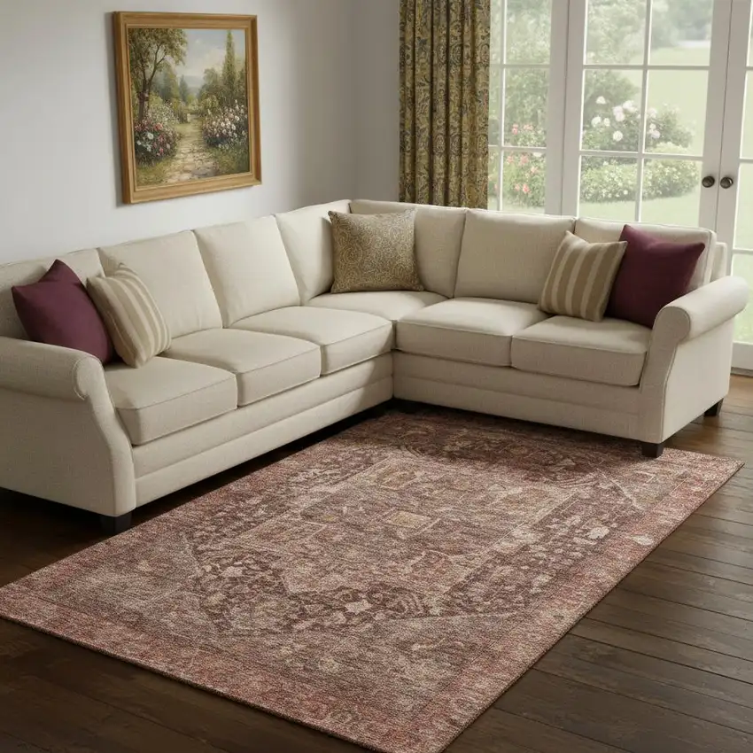 8' Burgundy Ivory And Gold Oriental Washable Area Rug With UV Protection Photo 2