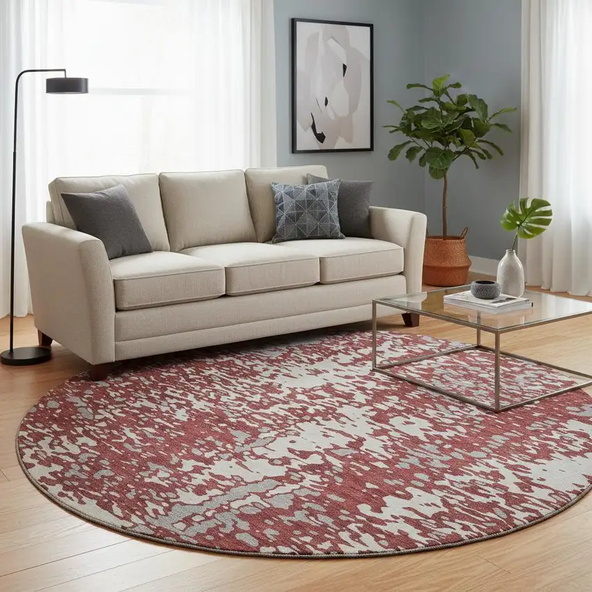 8' Burgundy Ivory And Gray Abstract Washable Round Rug With UV Protection Photo 2