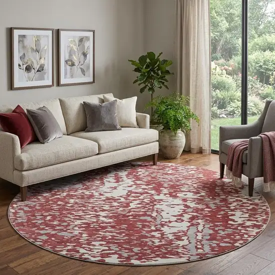 8' Burgundy Ivory And Gray Abstract Washable Round Rug With UV Protection Photo 1