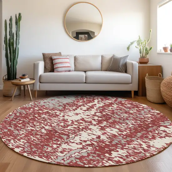 8' Burgundy Ivory And Gray Abstract Washable Round Rug With UV Protection Photo 4