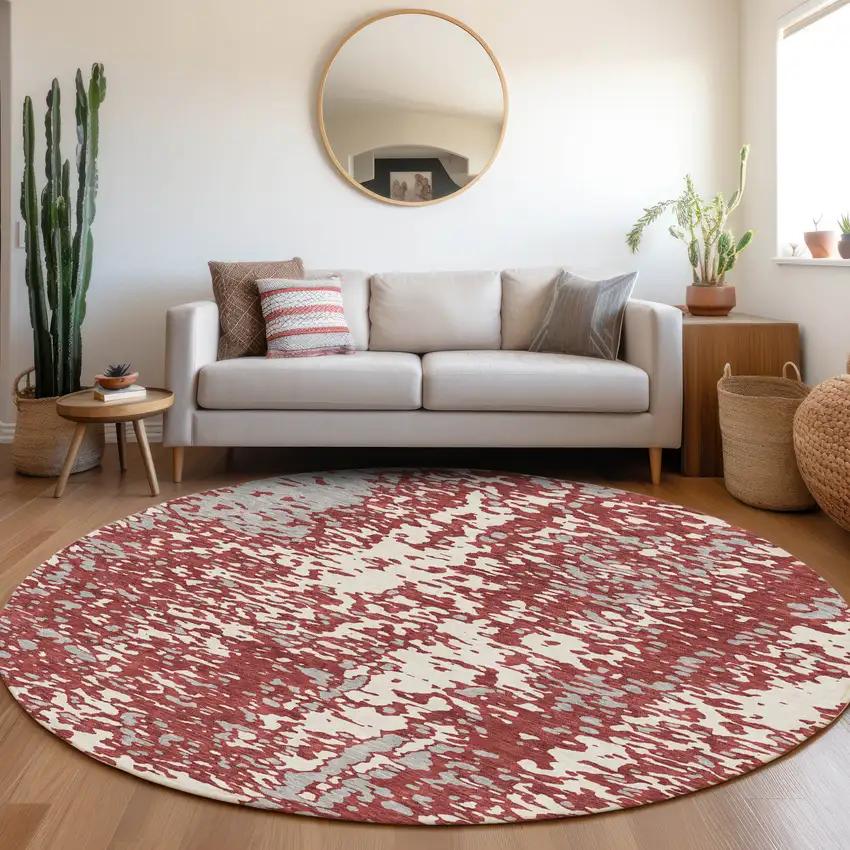 8' Burgundy Ivory And Gray Abstract Washable Round Rug With UV Protection Photo 4