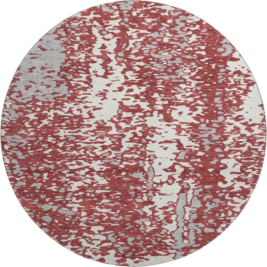 8' Burgundy Ivory And Gray Abstract Washable Round Rug With UV Protection Photo 1