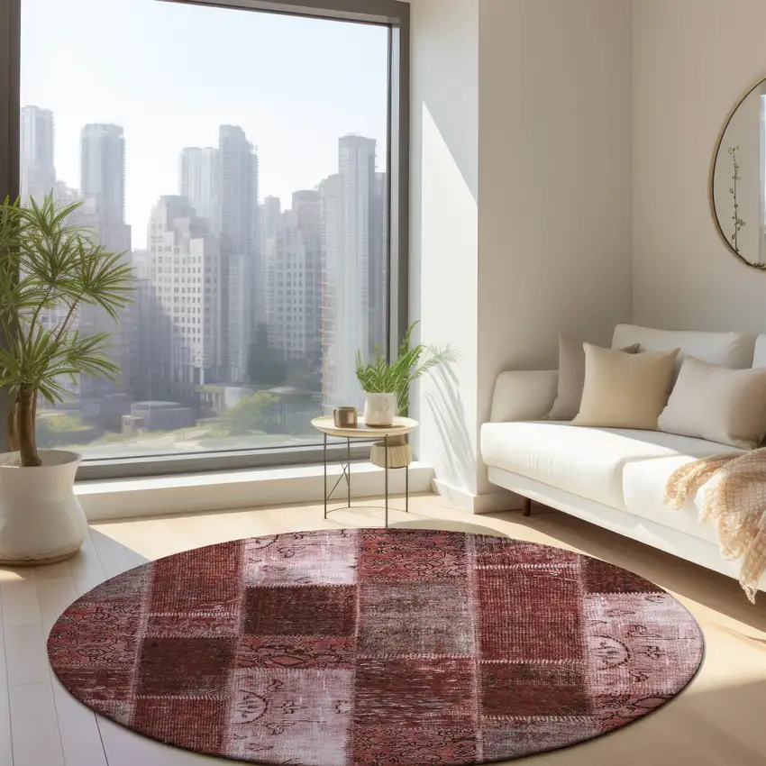 8' Burgundy Merlot And Blush Round Patchwork Washable Indoor Outdoor Area Rug Photo 6