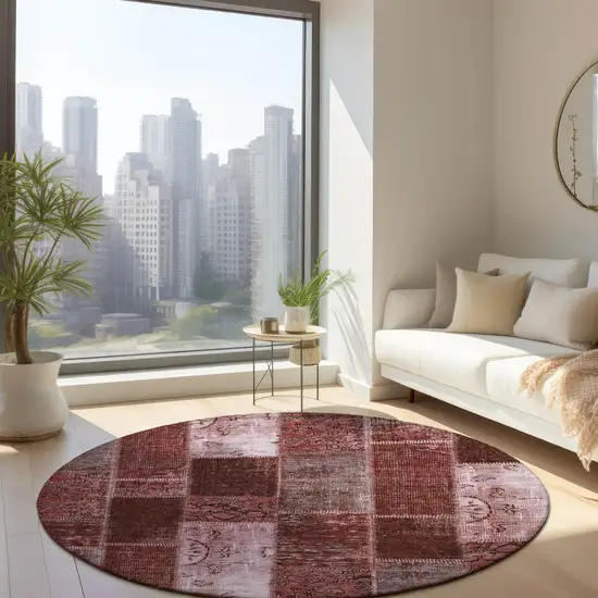 8' Burgundy Merlot And Blush Round Patchwork Washable Indoor Outdoor Area Rug Photo 6