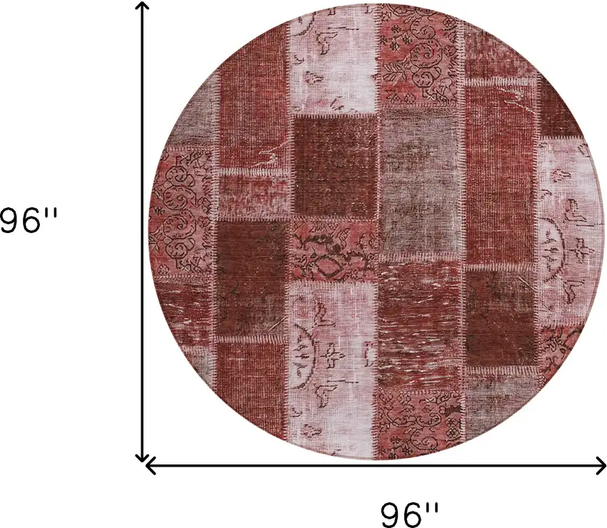 8' Burgundy Merlot And Blush Round Patchwork Washable Indoor Outdoor Area Rug Photo 7
