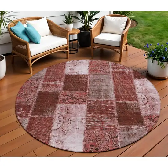 8' Burgundy Merlot And Blush Round Patchwork Washable Indoor Outdoor Area Rug Photo 1