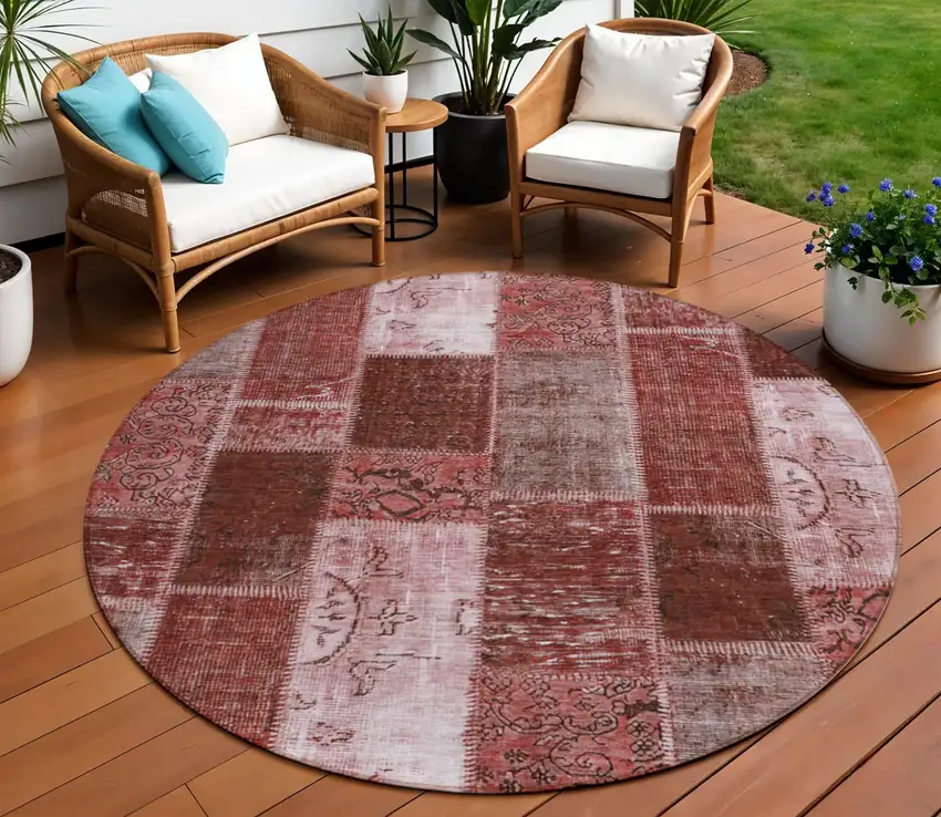 8' Burgundy Merlot And Blush Round Patchwork Washable Indoor Outdoor Area Rug Photo 1