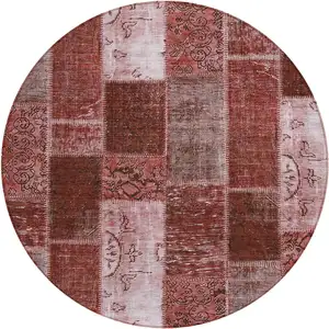Photo of 8' Burgundy Merlot And Blush Round Patchwork Washable Indoor Outdoor Area Rug