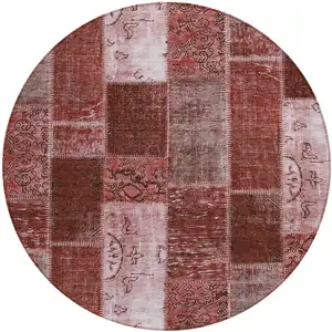 Photo of 8' Burgundy Merlot And Blush Round Patchwork Washable Indoor Outdoor Area Rug