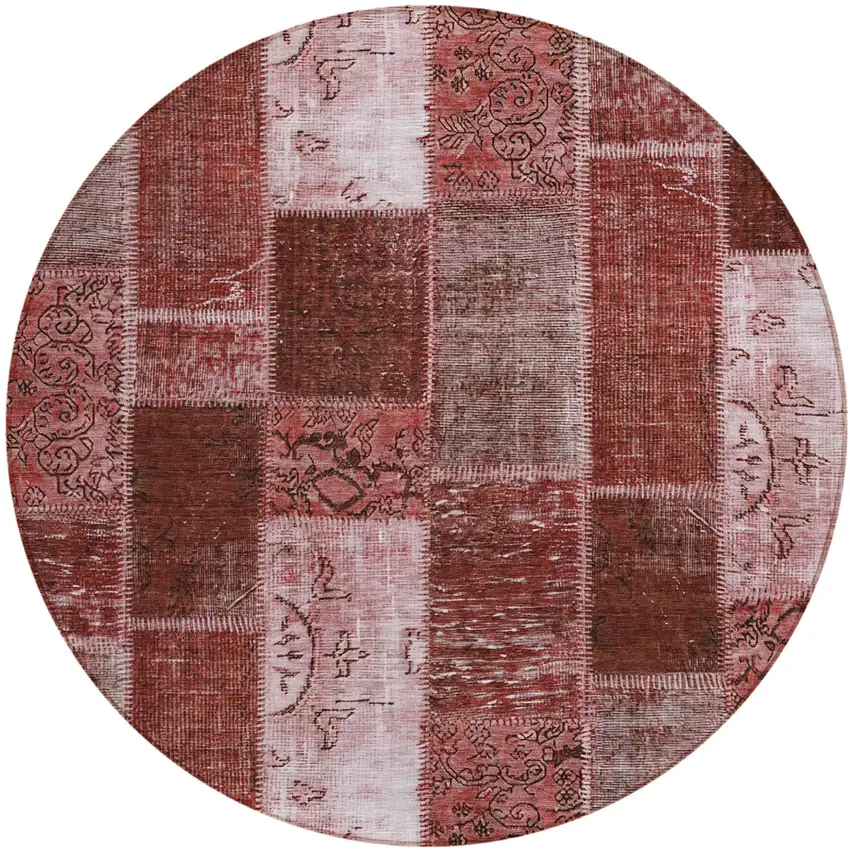 8' Burgundy Merlot And Blush Round Patchwork Washable Indoor Outdoor Area Rug Photo 1
