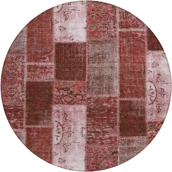 8' Burgundy Merlot And Blush Round Patchwork Washable Indoor Outdoor Area Rug Photo 1